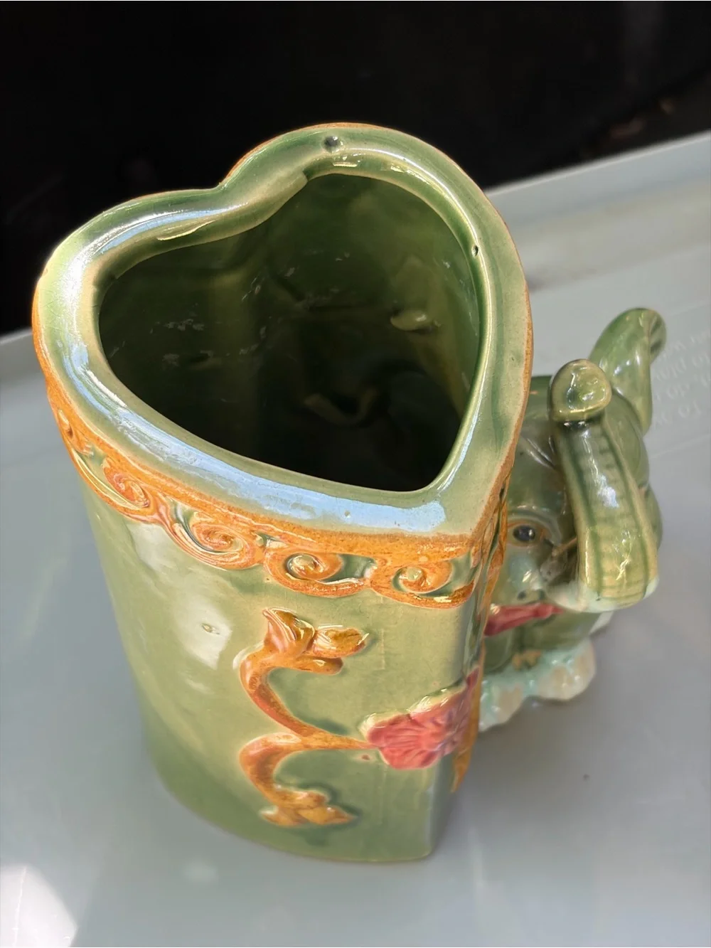 Vtg Baby Elephant Trunk Up Green Majolica Ceramic Vase W/ Red Flowers 6” Signed